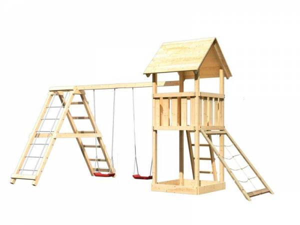Akubi Spielturm Lotti- Doppelschaukel mit Klettergerüst und Netzrampe