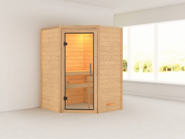 Alicja - Karibu Sauna Plug & Play ohne Ofen - ohne Dachkranz - Klarglas Ganzglastür Alicja - Karibu Sauna Plug & Play ohne Ofen - ohne Dachkranz - Klarglas Ganzglastür