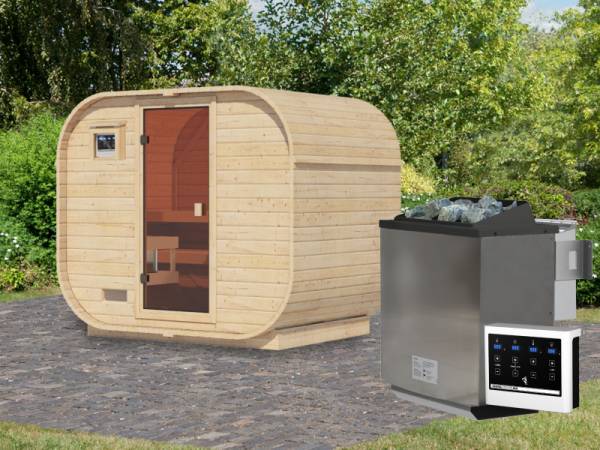 Karibu Fasssauna Quadro 1 Plus,38 mm, inkl. 9 kW Bioofen ext. Steuerung Karibu Fasssauna Quadro 1 Plus,38 mm, inkl. 9 kW Bioofen ext. Steuerung