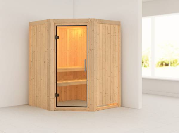 Nanja - Karibu Sauna Plug & Play ohne Ofen - ohne Dachkranz - Klarglas Ganzglastür Nanja - Karibu Sauna Plug & Play ohne Ofen - ohne Dachkranz - Klarglas Ganzglastür