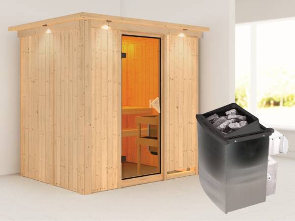 Karibu Sauna Bodin- klassische Saunatür- 4,5 kW Ofen integr. Strg- mit Dachkranz