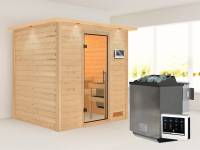 Karibu Sauna Anja inkl. 9 kW Bioofen ext. Steuerung, mit Klarglas Saunatür -mit Dachkranz-