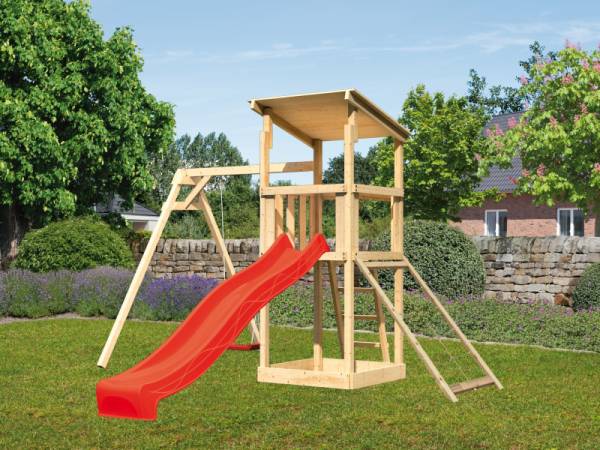 Akubi Spielturm Anna + Rutsche rot + Einzelschaukel + Netzrampe