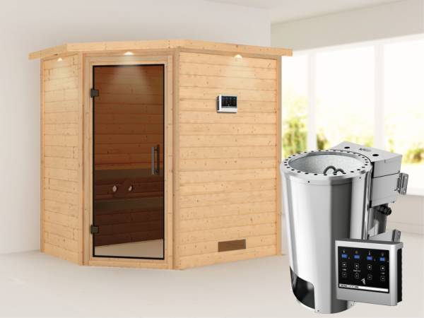 Cilja - Karibu Sauna Plug &amp; Play 3,6 kW Bio Ofen, ext. Steuerung - mit Dachkranz - Moderne Saunatür