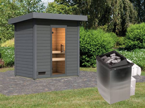 Karibu Saunahaus Caapi 2,terragrau,inkl. 9 kW Ofen integr. Steuerung, mit Klarglastür und Fußboden Karibu Saunahaus Caapi 2,terragrau,inkl. 9 kW Ofen integr. Steuerung, mit Klarglastür und Fußboden