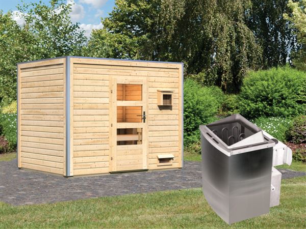 Karibu Saunahaus Theo 40 mm- Moderne Tür- 9 kW Ofen integr. Strg- natur Karibu Saunahaus Theo 40 mm- Moderne Tür- 9 kW Ofen integr. Strg- natur