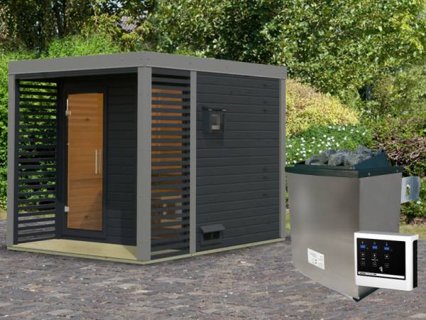 Karibu Hybrid Saunahaus Ares 2, anthrazit/staubgrau -inkl. 9 kW Ofen ext. Steuerung-