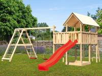 Akubi Spielturm Danny Satteldach + Rutsch rot + Doppelschaukelanbau Klettergerüst