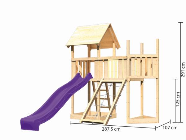 Akubi Spielturm Lotti Satteldach + Schiffsanbau oben + Anbauplattform + Netzrampe + Rutsche in violett