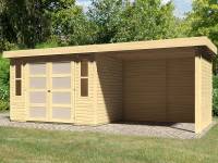 Karibu Gartenhaus Mühlendorf 4 natur 19 mm mit Anbaudach 2,60 m, Seiten- und Rückwand