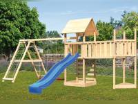 Akubi Spielturm Lotti Satteldach + Schiffsanbau oben + Doppelschaukel mit Klettergerüst + Anbauplattform XL + Kletterwand + Rutsche in blau