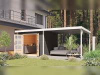 Osb smart choice Hybrid Gartenhaus Woodtallic B, terragrau/weiß im Set mit Fußboden, inkl. 3 m Anbaudach