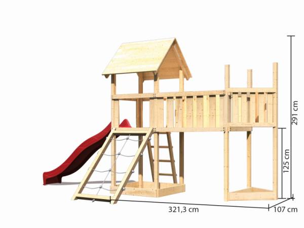 Akubi Spielturm Lotti Satteldach + Schiffsanbau oben + Anbauplattform XL + Netzrampe + Rutsche in rot