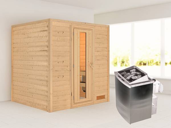 Karibu Sauna Anja - energiesparende Saunatür - 4,5 kW Ofen integr. Strg. - ohne Dachkranz