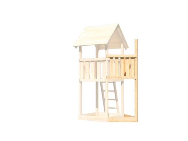 Akubi Spielturm Anna + Rutsche rot + Doppelschaukelanbau Klettergerüst + Anbauplattform + Kletterwand + Schiffsanbau oben