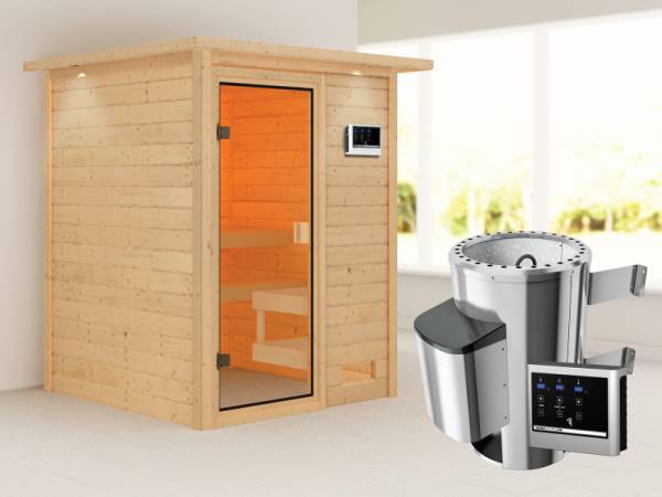 Karibu Sauna Sandra mit 3,6 kW Ofen ext. Strg und Dachkranz 38 mm Karibu Sauna Sandra mit 3,6 kW Ofen ext. Strg und Dachkranz 38 mm
