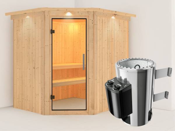 Lilja - Karibu Sauna Plug & Play 3,6 kW Ofen, int. Steuerung - mit Dachkranz - Klarglas Ganzglastür