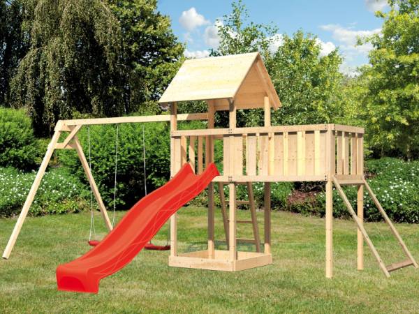 Akubi Spielturm Lotti Satteldach + Rutsche rot + Doppelschaukel + Anbauplattform XL + Netzrampe