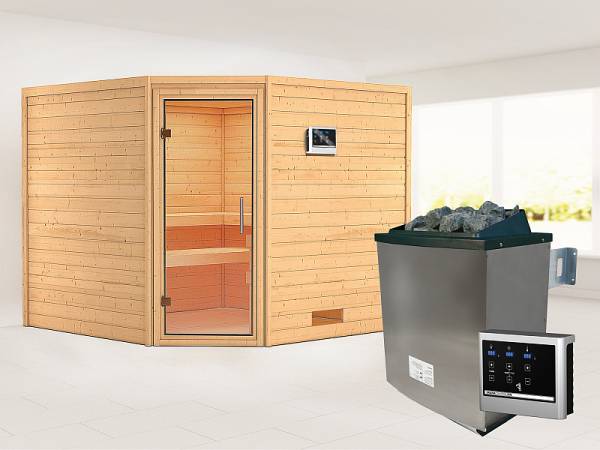 Karibu Sauna Leona 38 mm ohne Dachkranz- 9 kW Ofen ext. Strg- klarglas Tür