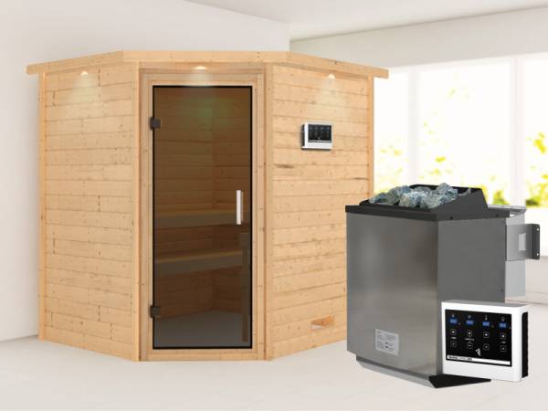 Karibu Sauna Mia- moderne Saunatür- 4,5 kW Bioofen ext. Strg- mit Dachkranz