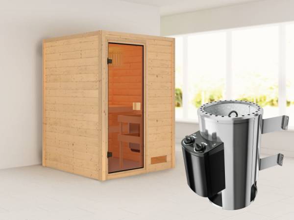 Nadja - Karibu Sauna Plug &amp; Play inkl. 3,6 kW-Ofen - ohne Dachkranz -