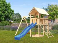 Akubi Spielturm Danny Satteldach + Rutsche blau + Einzelschaukel + Netzrampe