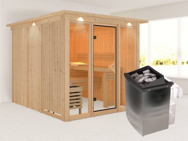 Karibu Sauna Askja 68 mm- 9 kW Ofen integr.Strg- mit Dachkranz