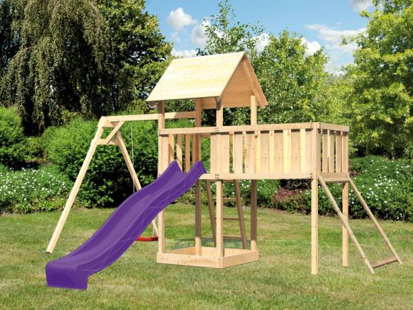 Akubi Spielturm Lotti Satteldach + Rutsche violett + Einzelschaukel + Anbauplattform XL + Netzrampe