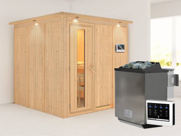 Karibu Sauna Rodin inkl. 9-kW-Bioofen mit externer Steuerung, mit Dachkranz, mit energiesparender Saunatür