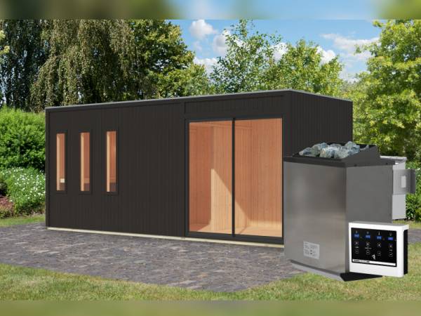 Karibu Saunahaus Monterey, schwarz, inkl. 9 kW Bioofen ext. Steuerung, mit Séparée im Vorraum, 73 mm