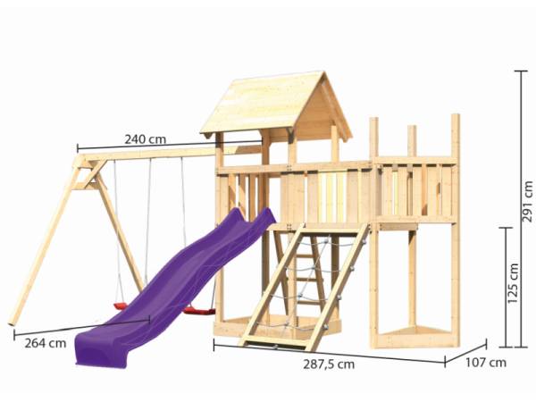 Akubi Spielturm Lotti Satteldach + Schiffsanbau oben + Anbauplattform + Doppelschaukel + Netzrampe + Rutsche in violett