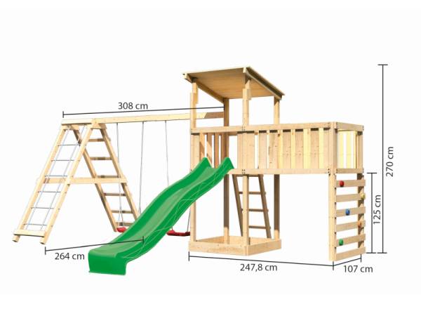 Akubi Spielturm Anna + Rutsche grün + Doppelschaukelanbau Klettergerüst + Anbauplattform XL + Kletterwand