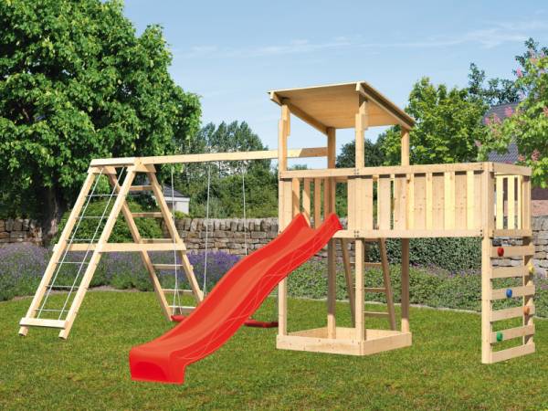 Akubi Spielturm Anna + Rutsche rot + Doppelschaukelanbau Klettergerüst + Anbauplattform XL + Kletterwand