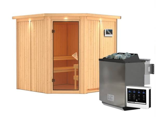 Jarin - Karibu Sauna inkl. 9-kW-Bioofen - mit Dachkranz -