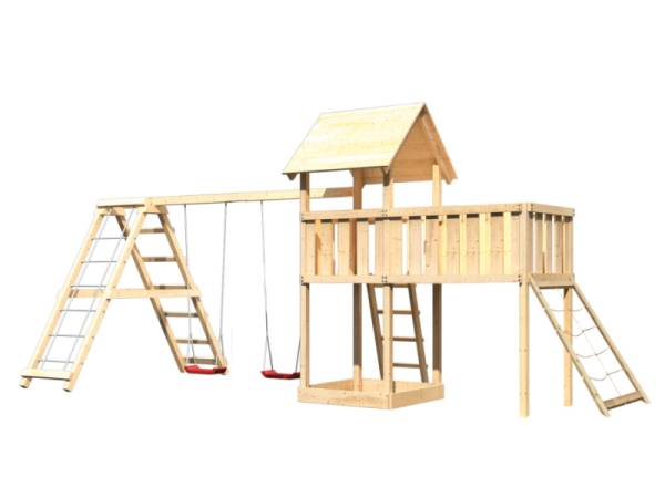 Akubi Spielturm Lotti Satteldach + Doppelschaukelanbau Klettergerüst + Anbauplattform XL + Netzrampe