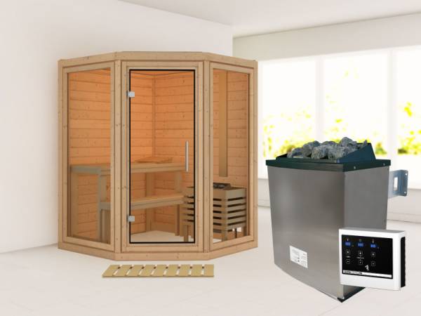 Karibu Sauna Yuma, inkl. 9 kW Ofen ext. Steuerung, mit Klarglas Ganzglastür