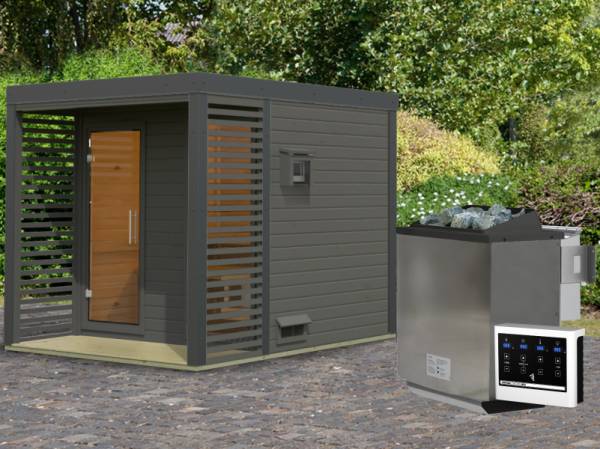 Karibu Hybrid Saunahaus Ares 2, terragrau/anthrazit -inkl. 9 kW Bioofen ext. Steuerung-