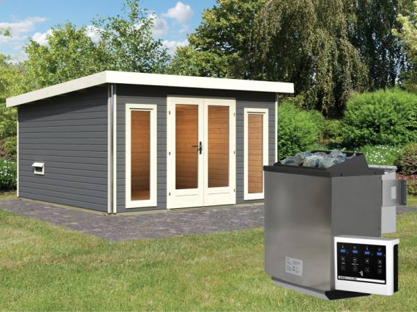 Karibu Saunahaus Mainburg 3 Set 0,  inkl. 9 kW Bioofen ext. Steuerung, terragrau