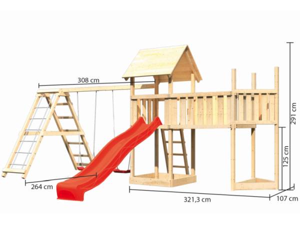 Akubi Spielturm Lotti Satteldach + Schiffsanbau oben + Doppelschaukel mit Klettergerüst + Anbauplattform XL + Rutsche in rot