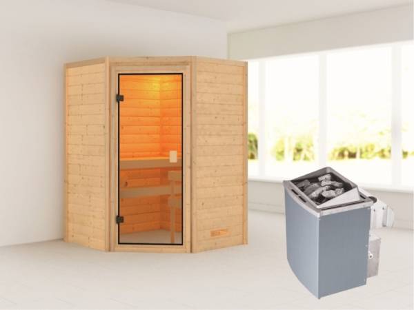 Karibu Sauna Antonia mit 9 kW Ofen integr. Strg ohne Dachkranz 38 mm Karibu Sauna Antonia mit 9 kW Ofen integr. Strg ohne Dachkranz 38 mm