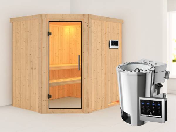 Lilja - Karibu Sauna Plug & Play 3,6 kW Bio Ofen, ext. Steuerung - ohne Dachkranz - Klarglas Ganzglastür