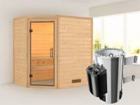 Cilja - Karibu Sauna Plug & Play 3,6 kW Ofen, int. Steuerung - ohne Dachkranz - Klarglas Ganzglastür
