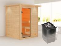Karibu Sauna Sandra inkl. 9 kW Ofen integr. Steuerung, mit klassicher Tür -mit Dachkranz-