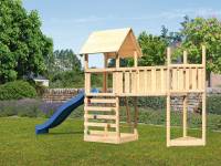 Akubi Spielturm Lotti Satteldach + Schiffsanbau oben + Anbauplattform XL + Kletterwand + Rutsche in blau