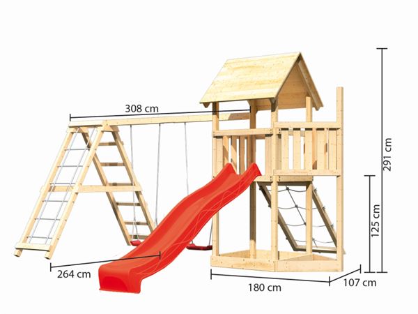 Akubi Spielturm Lotti Satteldach + Schiffsanbau oben + Doppelschaukel mit Klettergerüst + Netzrampe + Rutsche in rot