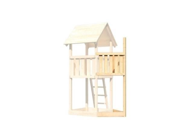 Akubi Spielturm Lotti Satteldach + Schiffsanbau oben + Einzelschaukel + Netzrampe + Rutsche in violett