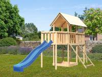 Akubi Spielturm Danny Satteldach + Rutsche blau + Anbauplattform + Netzrampe