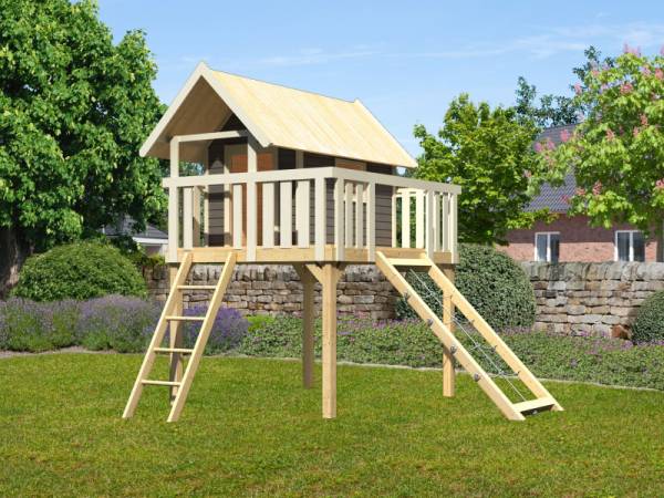 Karibu Stelzenhaus Fidel terragrau + Netzrampe Karibu Stelzenhaus Fidel terragrau + Netzrampe