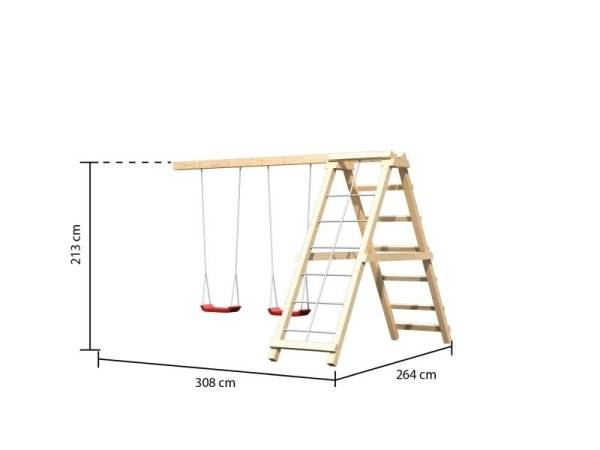 Akubi Spielturm Lotti Satteldach + Schiffsanbau oben + Anbauplattform + Doppelschaukel mit Klettergerüst + Netzrampe + Rutsche in rot