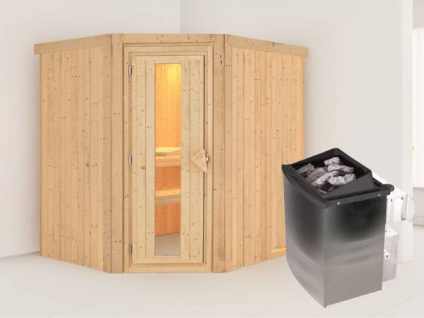Karibu Sauna Siirin 68 mm- energiesparende Saunatür- 4,5 kW Ofen integr. Strg- ohne Dachkranz